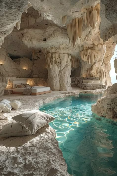 Indoor Pool Underground, Underwater Room, Cave Design, Cave Pool, Jungle House, Dream Bedroom Inspiration, Pool Waterfall, Cave House, Beautiful Pools