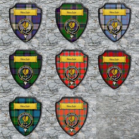 Sinclair Shield Plaque with Scottish Clan Coat of Arms Badge on Clan Plaid Tartan Background Wall Ar Fraser Clan, Tartan Background, Wall Ar, Scottish Clans, Background Wall, Easy Wall, Wall Mounting, Red Fabric, Beveled Edge