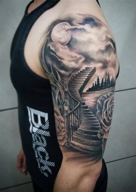 Best 5 Stairs Tattoo Stairway Stairway Tattoo, Ruins Artwork, Staircase Tattoo, Stairs To Heaven Tattoo, Stairway To Heaven Tattoo, Religious Tattoo Sleeves, Jesus Tattoos, Scenery Tattoo, Tattoo Canvas