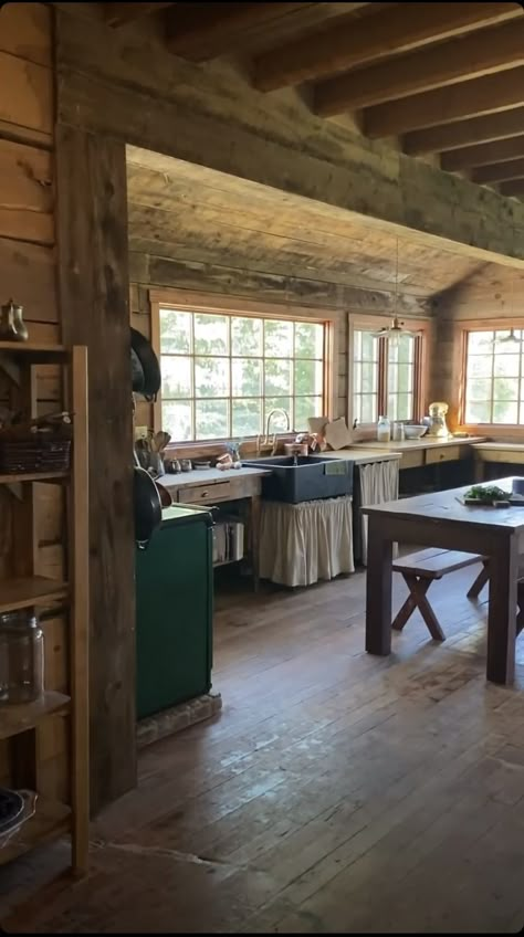 Simple Rustic Kitchen, Skirted Sink, Green Aga, Pretty Farmhouse, Ballerina Farm, Aga Cooker, Homestead Kitchen, Barn Kitchen, Irish Fashion