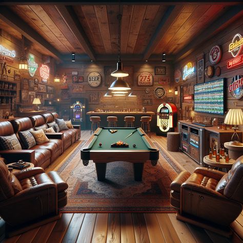 Explore the ultimate man cave featuring rustic walls decorated with vintage sports memorabilia, neon beer signs, a grand pool table, high-tech gaming area, stocked bar and a classic jukebox. #Mancave #HomeBar #GamingRoom #SportsMemorabilia #PoolTable #RusticDecor Sports Bar Man Cave, Man Cave Pool Table, Home Sports Bar, Game Room With Pool Table Rustic, Luxury Man Cave, Billiards Room Decor Vintage, Classy Man Cave Pool Table, Man Cave Basement Rustic, Aesthetic Game Room Pool Table