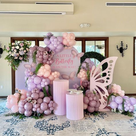 A little butterfly is on the way!✨🎀🦋 • • Entire set up done by us!✨ @crafty_wildflower_ #babygirl #babyshowerdecor #babyshower… | Instagram Butterfly Theme Balloon Arch, Butterfly Balloon Backdrop, Themes For 1st Birthday Girl, Butterfly Themed Birthday Party Backdrop, Butterfly Garden Baby Shower Theme, A Little Butterfly Is On Her Way Theme, A Little Butterfly Is On Her Way, Butterfly Backdrop Ideas, Butterfly Theme Baby Shower Ideas