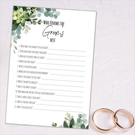 Test your knowledge of the bride and groom with these fun quiz sheets. These Botanical themed wedding quizzes are great ice breakers on the tables with the wedding guests. Wedding Quizzes For Guests, Wedding Table Games, Hen Party Games, Etsy Wedding Favors, Fun Quiz, Ice Breakers, Wedding Breakfast, Wedding Games, Married Couple