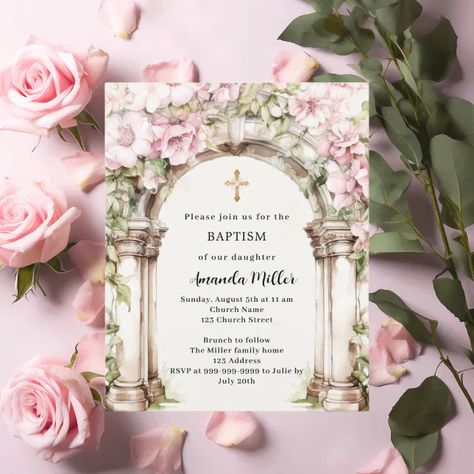 Pink florals arch beige girl Baptism invitation | Zazzle Confirmation Invitation, Amanda Miller, Confirmation Invitations, First Communion Invitations, Girl Baptism, Communion Invitations, Baptism Invitation, Baptism Girl, Baptism Invitations