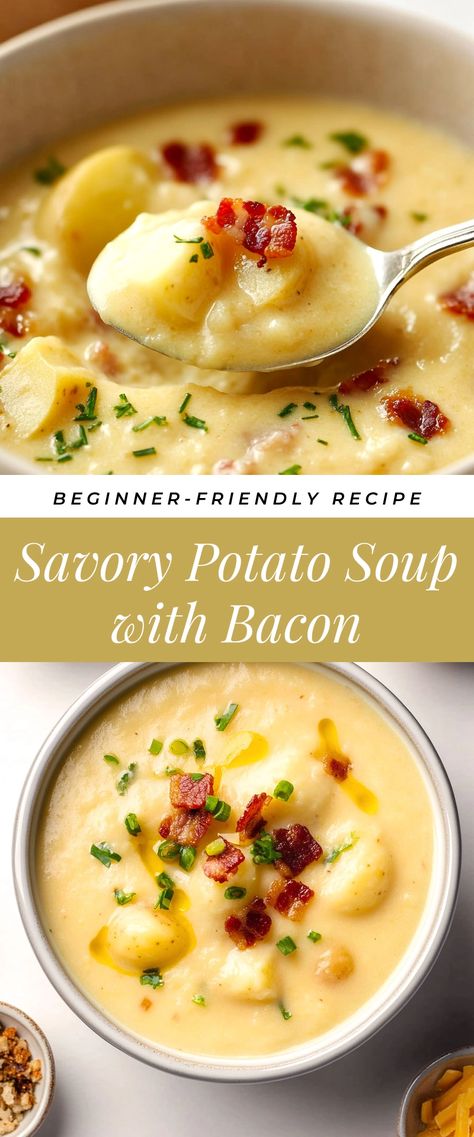 Image for Savory Potato Soup with Bacon Potato Soup With Carrots And Celery Recipe, Potato Bacon Chowder Soup, Johnny Carinos Potato Soup Recipe, Potato Soup Broth Based, Soups With Bacon, Potato Soup No Bacon, Thick Potato Soup, Potato Bacon Soup Recipe, Christmas Soup Recipes