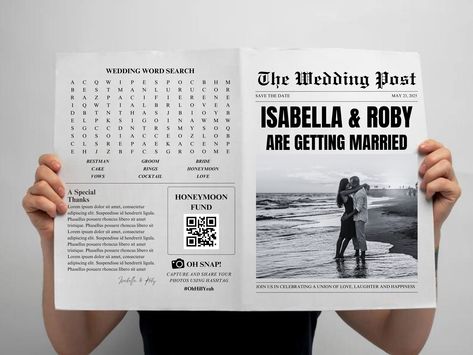 Newspaper Wedding Announcement, Newspaper Announcement, Wedding Infographic, Brides Cake, Wedding Newspaper, Honeymoon Fund, Newspaper Template, Wedding Announcement, Wedding News