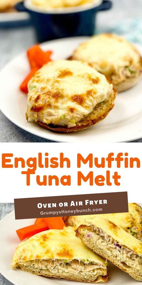 Tuna Buns Recipes, Air Fry Tuna Melt, Tuna Melts In Air Fryer, Tuna Melts On English Muffins, Tuna Melt In Air Fryer, English Muffin Toppings, English Muffin Tuna Melt, Tuna Melt On English Muffin, Tuna Melt Recipe Open Face English Muffin