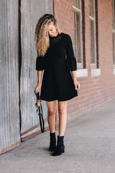 little black dress with ankle boots | fall outfit | fall style | fall fashion Black Ankle Boots With Dress, Short Dress Boots Outfit, Fall Dresses With Boots Ankle Booties, Short Black Dress With Boots, Black Dress With Ankle Boots, Black Dress With Boots Outfit, Dresses With Short Boots, Black Dress Boots Outfit, Ankle Boots With Dress Outfit