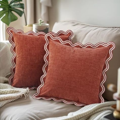 Pillow Cases Designs, English Cottage Throw Pillows, Terra Cotta Pillows, White Couch Pillows Ideas, Pillow Placement On Bed, Squiggle Pillow, Rust Cushions, Rust Pillows, Throw Pillows For Grey Couch