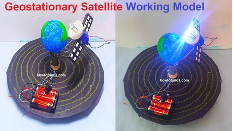 Geostationary satellite working model science project for exhibition - diy | howtofunda Science Working Models For Class 8, Geography Working Model, Unique Science Project Ideas, Working Models For Science Exhibition Class 10, Science Working Models For Exhibition Class 7, Best Working Models For Science Exhibition, Physics Models Projects, Science Model Ideas, Tlm Science