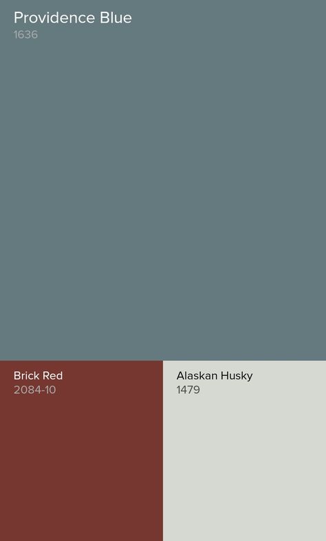 Benjamin Moore Providence Blue Color Scheme-Alaskan Husky and Brick Red Exterior Paint Colors For House With Red Roof Colour Schemes, Benjamin Moore Brick Red, Red Paint Combinations, Blue House Red Trim, Farmhouse Red Paint Colors Interior, Red House Color Scheme, Brick Red And Blue Color Palette, Red Brick Color Palette Interior, Red White And Blue House Exterior