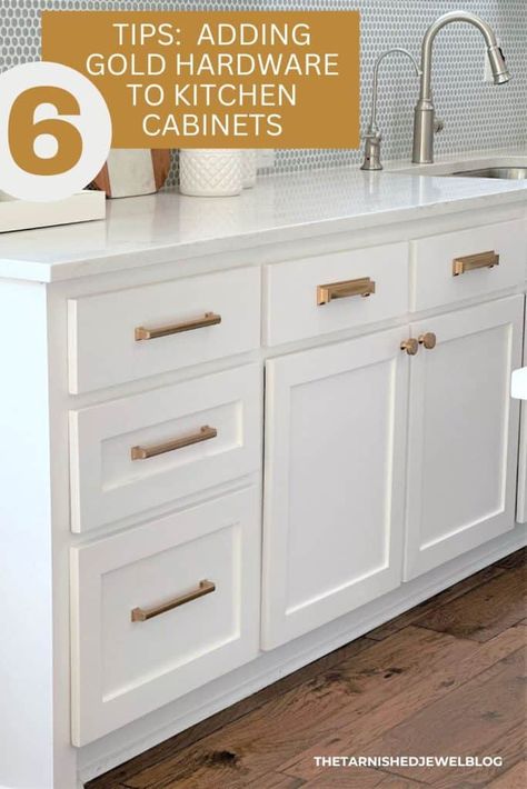 Need help choosing gold hardware, but don't know where to start? Try 6 Tips: Adding Gold Hardware To Kitchen Cabinets by thetarnishedjewelblog.com. #goldhardware #goldhardware #hardwaregold #HardwareMakeover #hardwaremakeover #goldknobs #goldhandles #goldpulls #CHAMPAGNEBRONZE #brasshardware #champagnebronze #champagnebronzehardware #bronzehardware #brushedbrasshardware Gold Hardware In Kitchen, Antique Bronze Kitchen Hardware, Gold Hardware Kitchen, Bronze Kitchen Hardware, Cabinets Knobs, Raised Panel Kitchen Cabinets, Gold Kitchen Hardware, Kitchen Cabinets Knobs And Pulls, Panel Kitchen Cabinets