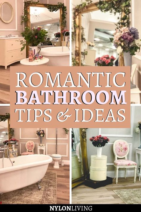 Wouldn’t you like this romantic bathroom filled with flowers? Check out this post for some inspiration for floral bathroom decor and to find a few romantic bathroom ideas. Can’t you picture yourself sinking into a deep-soaking tub with a good book and a glass of wine? | #BathroomDecor #HomeDecor #BathroomInspiration Romantic Bathroom Ideas, Tub Decor Master Bath, Wine Romantic, Romantic Bathroom, Feminine Bathroom, Bathroom Flowers, Romantic Bathrooms, Red Bathroom Decor, Floral Bathroom Decor