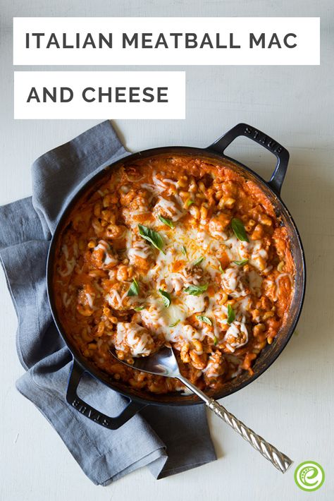 Italian Meatball Mac and Cheese | eMeals.com Mac And Cheese With Meatballs, Meatball Mac And Cheese, Italian Meatball, Family Dinner Table, Healthy Plan, Italian Meatballs, Perfect Pasta, Tasty Foods, Quick Healthy Meals