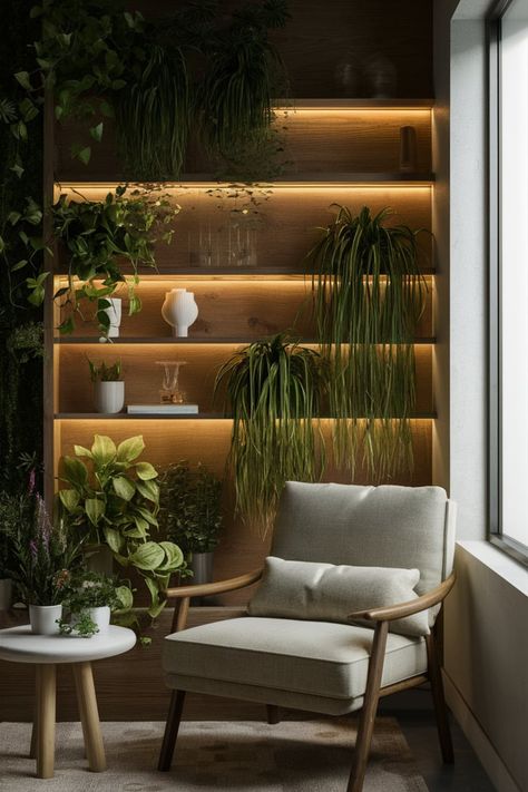 Bring the outdoors in with a wall adorned with cascading plants, rustic wooden shelves, and warm lighting. Perfect for creating a peaceful and relaxing sanctuary. #NatureInspired #LivingWall #GreeneryDecor #WoodenShelves #HomeSanctuary #BiophilicDesign #PeacefulHome #IndoorPlants #TranquilSpaces #WallDesign Wood And Plant Wall, Plant Accent Wall, Wall Mounted Plants, Mounted Plants, Cascading Plants, Earth's Core, Rustic Wooden Shelves, Greenery Decor, Peaceful Home