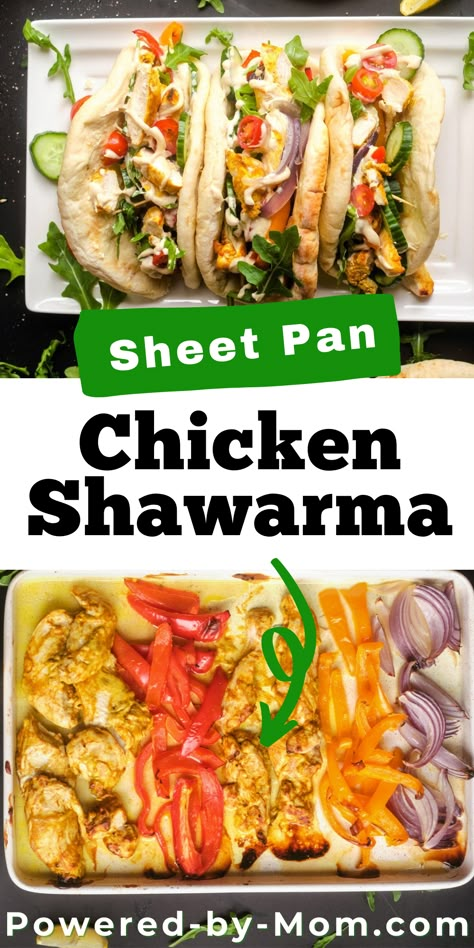 Sheet Pan Chicken Shawarma - Powered By Mom Easy Oven Chicken Shwarma, Sheet Pan Gyros, Rotisserie Chicken Shawarma, Pita Sandwich Recipes Chicken, Healthy Chicken Shawarma Bowl, Chicken Schwarma Sheet Pan Dinner, Swarma Chicken Bowl, Chicken Naan Wrap, Chicken Shwarma Breast