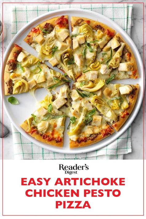 Pesto Artichoke Pizza, Artichoke Pesto Chicken, Artichoke Pesto, Cozy Pasta, Chicken Pesto Pizza, Pesto Pizza Recipe, Chicken Artichoke, Chicken Pizza Recipe, Artichoke Pizza