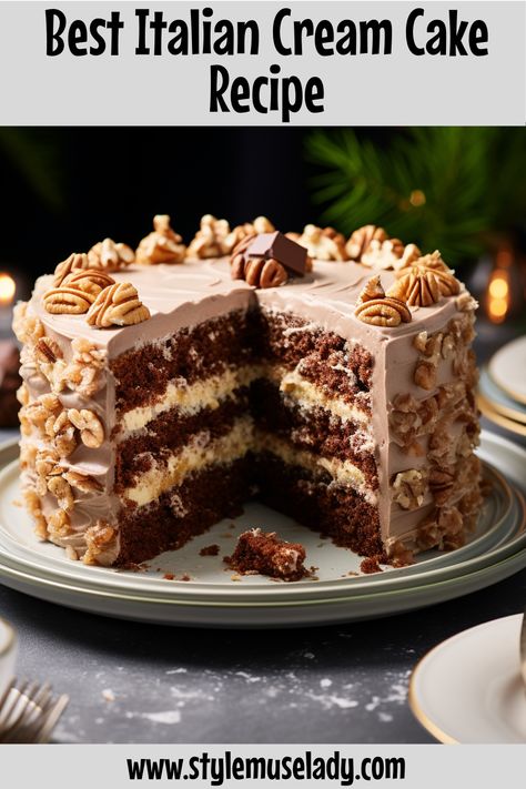 The best Italian cream cake recipe, featuring fluffy layers of coconut and pecans with a luscious cream cheese frosting. A must-try dessert! Opera Cream Cake, Orange Italian Cream Cake, Italian Rum Cake Recipe, Biscotti Cake, Italian Rum Cake, Dessert Torte, Italian Love Cake, Authentic Italian Desserts, Italian Wedding Cake