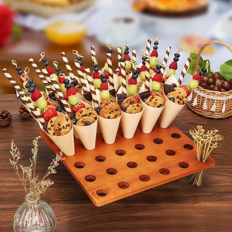 Ice Cream Cone Charcuterie, Ice Cream Cone Appetizers, Cone Holder Stand, Food In Cones, Fruit Cones Party Ideas, Food Cones Ideas, Cone Appetizer Ideas, Food Cones, Noodle Packaging