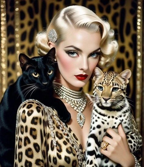 Rockabilly Aesthetic, Leopard Woman, Healing Altar, Plus Size Pinup, Art Deco Paintings, Classic Hollywood Glamour, Chic Halloween, Glam Photoshoot, Animal Magic