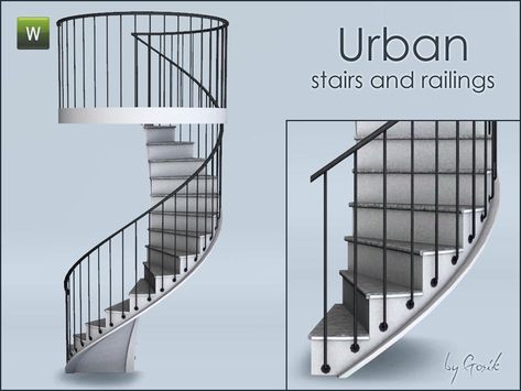 Gosik's Urban spiral stairs and railings Industrial Staircase, Staircase Railing, Cc Furniture, Sims 4 Clutter, Sims 4 House Building, Sims Ideas, Sims 4 Teen, Spiral Stairs, Sims 4 Dresses