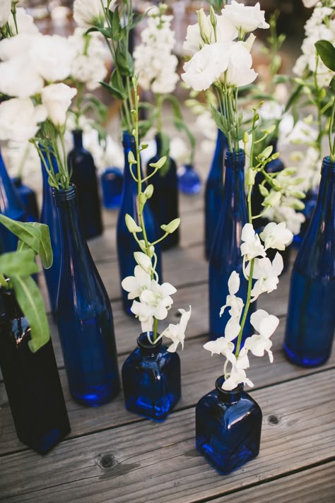 Cobalt Blue Vase Centerpieces, Blue Vase Centerpieces, Blue Garden Wedding, Indigo Wedding, Blue Wedding Centerpieces, Madison Wedding, Blue Bridal Shower, Wedding Help, Royal Blue Wedding