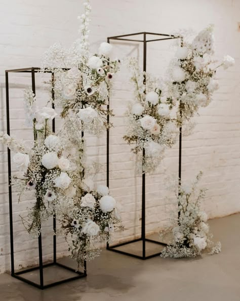 Wood Pedestal Wedding Ceremony, Black Flower Stands Wedding, White Flower Pillars Wedding, Floral Pedestal Wedding Ceremony, Flowers On Pedestal Wedding, Simple Elegant Wedding Arch, Plinth Styling, Floral Stands Wedding, Church Ceremony Flowers