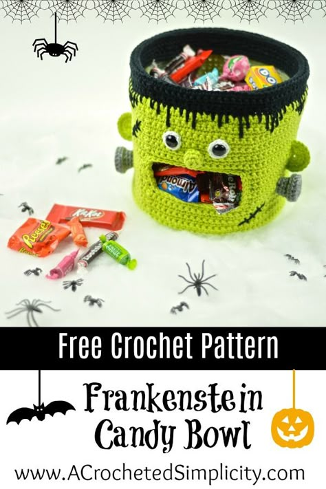 Free Crochet Pattern - Frankenstein Candy Bowl by A Crocheted Simplicity  #freecrochetpattern #crochetfrankenstein #crochethalloweenbowl #hallowendish #candybowl #candydish #halloweencandybowl #crochet Halloween Candy Bowl, Crochet Holiday, Crochet Monsters, Fall Crochet, Crochet Halloween, Halloween Crochet Patterns, Diy Halloween Decor, Crochet Fall, Holiday Crochet