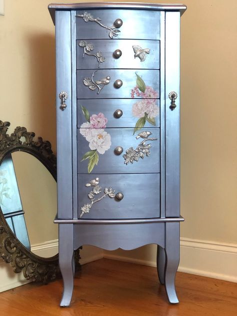 Jewelry Armoire Makeover, Metallic Painted Furniture, Painted Jewelry Armoire, Jewelry Armoires, Armoire Makeover, Jewelry Box Makeover, Country Chic Paint, Painted Jewelry Boxes, Jewelry Chest