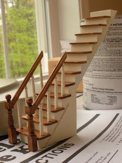 Modified Staircase- upper part enclosed in wall Field Stone Wall, Dollhouse Staircase, Fairfield Dollhouse, Fairfield House, Detailed House, Carriage Lamps, Dollhouse Inspiration, Wraparound Porch, Fireplace Kits