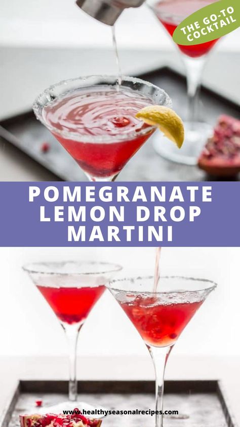 This Pomegranate Lemon Drop Martini is a festive cocktail for the holiday season. It only takes 5 minutes to whip up. If you like classic lemon drop cocktails, you’ll love this fun new ruby red pomegranate variation! It is the perfect way to sit back, relax and celebrate the holiday season! Caramel Apple Shots, Lemon Drop Martini Recipe, Pomegranate Cocktail Recipes, Pomegranate Cocktail, Lemon Martini, Pomegranate Cocktails, Lemon Drop Cocktail, Flavored Liquor, Pomegranate Martini