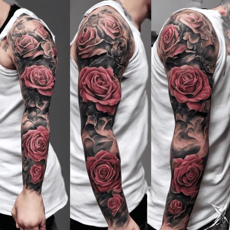 Dragon Rose Tattoo, Floral Sleeve Tattoo Men, Rose Leg Tattoo, Rose Sleeve Tattoo For Men, Flower Sleeve Tattoo Men, Black And Red Flower Tattoo Sleeve, Rose Bush Sleeve Tattoo, Rose Through Concrete Tattoo, Rose Sleeve Tattoo