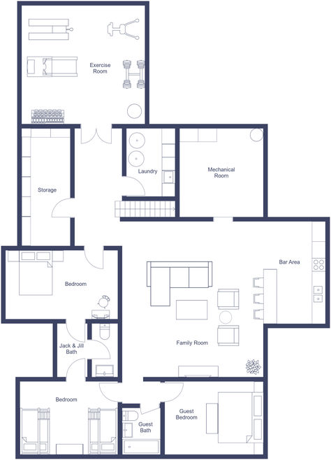 A blue and white 2D floor plan of a finished basement layout with three bedrooms, one and a half bathrooms, and an open-concept layout. Basement Layout Ideas Floor Plans, Finished Basement Layout, Basement Layout Ideas, Basement Design Layout, Finished Basement Designs, 2d Floor Plan, Personal Gym, Basement Layout, Apartment Floor