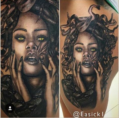 Medusa by @easick1 Afrocentric Medusa Tattoo, African American Medusa Tattoo, Medusa With Locs Tattoo, Black Madussa Tattoo Design, Rihanna Medusa, Medusa Tattoo Black Women, African Medusa Tattoo, Black Medusa Tattoo, Theigh Tattoos