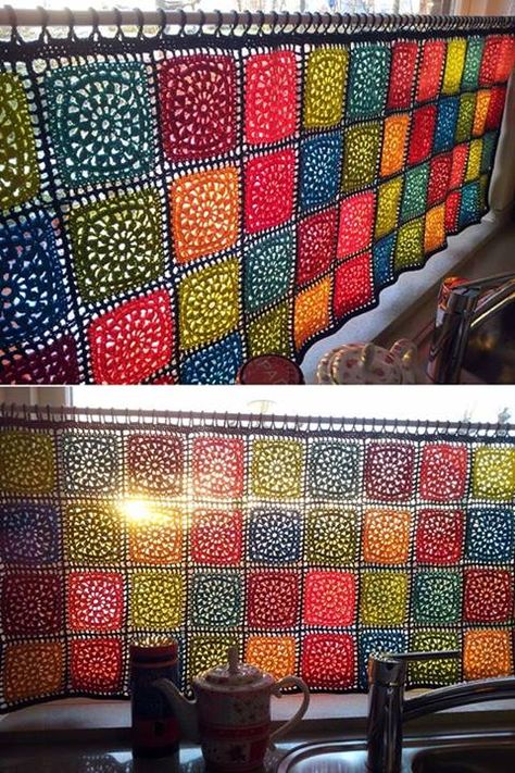 Confection Au Crochet, Colorful Crochet, Crochet Curtains, Crochet Kitchen, Crochet Home Decor, Crochet For Home, Crochet Diy, Crochet Motifs, Curtain Patterns