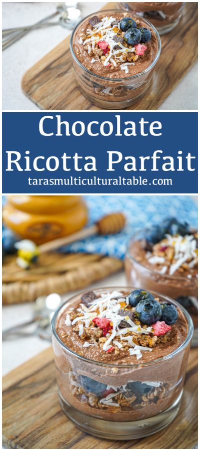 Chocolate Ricotta Parfait in two glasses topped with coconut and berries. Chocolate Ricotta, Fruit And Ricotta, Sweet Whipped Ricotta, Ricotta Cocoa Dessert, Chocolate Ricotta Cake Italian Desserts, Strawberry Bars, Cheesecake Parfaits, Cheesecake In A Jar, Refined Sugar Free Recipes