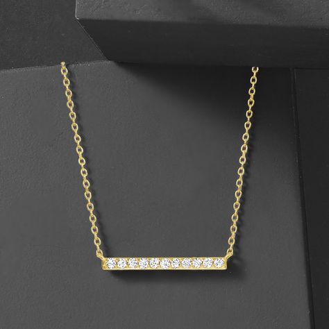 Ross-Simons - .25 ct. t. w. Diamond Bar Necklace in 18kt Gold Over Sterling. 16". A chic look for your daily attire! Here, .25 ct. t. w. diamonds sparkle from an 18kt yellow gold over sterling silver bar at the center of a cable chain with a 2" extender. This gorgeous necklace looks great layered with other favorites. Springring clasp, diamond bar necklace. Diamond birthstones are the perfect gift for April birthdays. Diamond Bar Necklace, Diamond Pendants Designs, Diamond Birthstone, Simple Diamonds, Gold Bar Necklace, Silver Bar, Necklace Diamond, Diamond Bar, Silver Bars