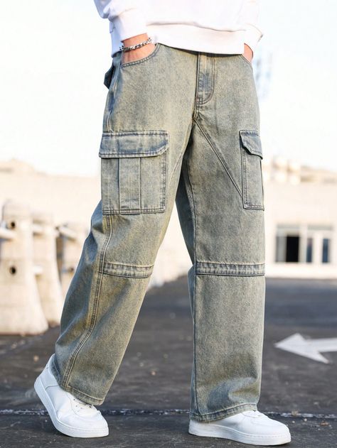 Medium Wash  Collar  Denim Plain Wide Leg Embellished Non-Stretch  Men Clothing Denim Cargo Pants Men, Denim Jeans Outfit Men, Cargo Jeans Outfit, Boys Shirts Pattern, Denim Jeans Outfit, Shirts Pattern, Jeans Outfit Men, Denim Cargo Pants, Fashion Designing