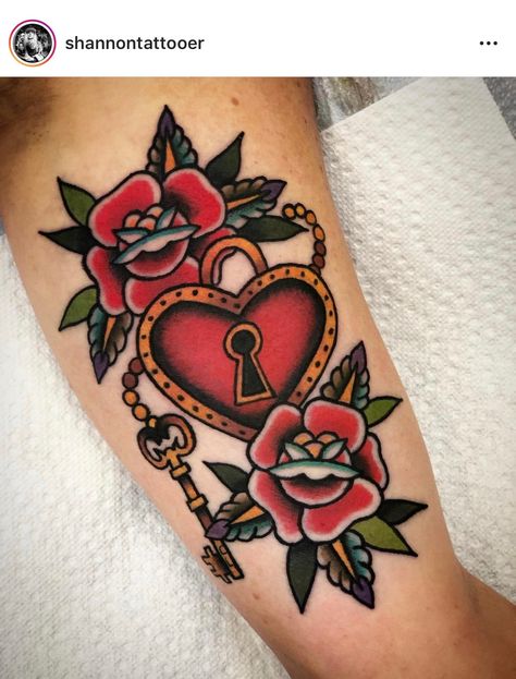 Traditional Lock And Key Tattoo, American Traditional Lock Tattoo, American Traditional Couple Tattoo, American Traditional Locket Tattoo, Traditional Heart Locket Tattoo, Traditional Locket Tattoo, Heart Shaped Lock Tattoo, Key Lock Tattoo, Key And Lock Tattoo