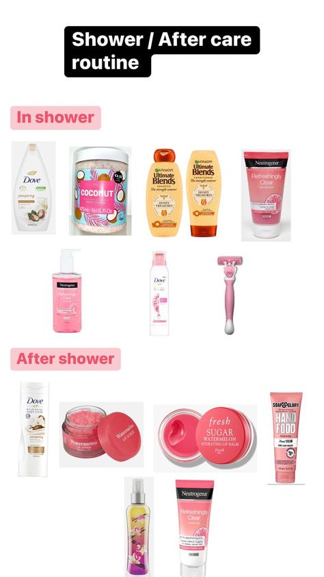 Shower routine and after care routine Must Have Shower Products, Skincare For 11-12 Yo, After Shower Body Care Routine, Baby Scented Shower Routine, Things To Do After Showering, Basic Shower Routine, Skincare Routine For 11-12, Shower Skin Care Products, Skincare For 12 Yo