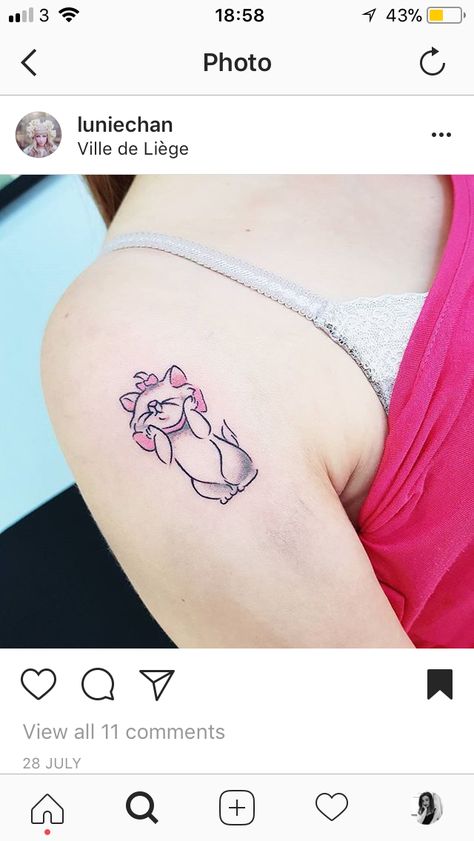 Marie tattoo - luniechan Marie The Cat Tattoo, Aristocats Tattoo Mother Daughter, Marie Disney Tattoo, Marie Cat Tattoo, Disney Cat Tattoo, Aristocrats Tattoo, The Aristocats Tattoo, Marie Tattoo Aristocats, Marie Aristocats Tattoo