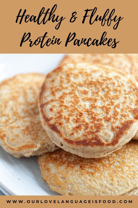 These delicious and healthy protein pancakes are fluffy, filling, and easy to make! This high-protein pancakes recipe is made without refined sugars, without eggs, without flour, and without bananas. Save this recipe to make these ASAP and start your day right! #pancakes #pancakerecipe #proteinpancakes Protein Pancakes No Banana, Protein Pancakes Without Banana, Fluffy Protein Pancakes, Weekend Breakfast Recipes, Gluten Free Protein Pancakes, Healthy Protein Pancakes, Protein Pancakes Recipe, Easy Protein Pancakes, High Protein Pancakes