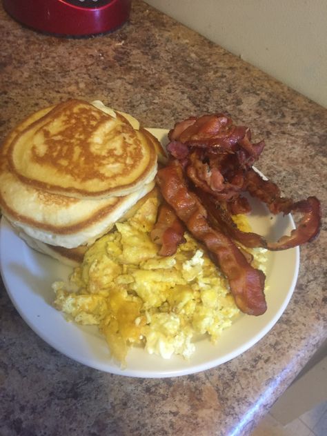 Homemade Breakfast pancakes, eggs and bacon Eggs Bacon Pancakes, Pancakes And Bacon Breakfast, Soul Food Breakfast Plates, Bacon And Eggs Breakfast Plate, Pancake Eggs Bacon Breakfast, Pancakes Eggs And Bacon Breakfast, Pancakes On Blackstone Griddle, Eggs And Bacon Aesthetic, Food Pictures Breakfast