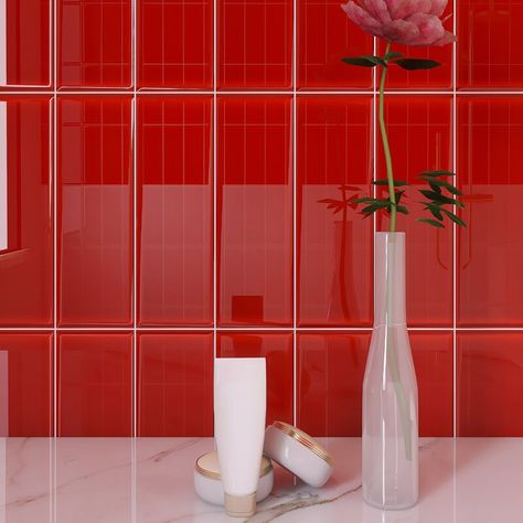 Supreme Tile Crystile 4" x 12" Glass Mosaic Subway Tile & Reviews | Wayfair Red Subway Tile, Red Backsplash, Bathroom Colour, Stainless Sink, Red Tiles, Tile Color, Tile Saw, Bathroom Color, Glass Mosaic