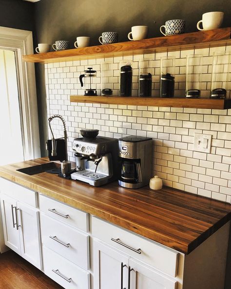 Coffee Bar With Floating Shelves Above, Coffee Shop Backsplash, Coffee Bar With Butcher Block Top, Floating Shelves Coffee Bar, Bar With Floating Shelves, Bar Shelf Ideas, Corner Coffee Bar, Industrial Coffee Bar, Coffee Area