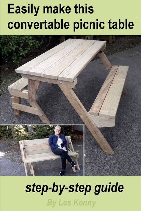 Bench That Turns Into Picnic Table, Convert A Bench Picnic Tables, Picnic Table To Bench Plans, Bench To Table Diy Projects, Diy Foldable Picnic Table, Bench To Picnic Table Diy, Convertible Picnic Table And Bench, Picknick Table, Folding Picnic Table Plans