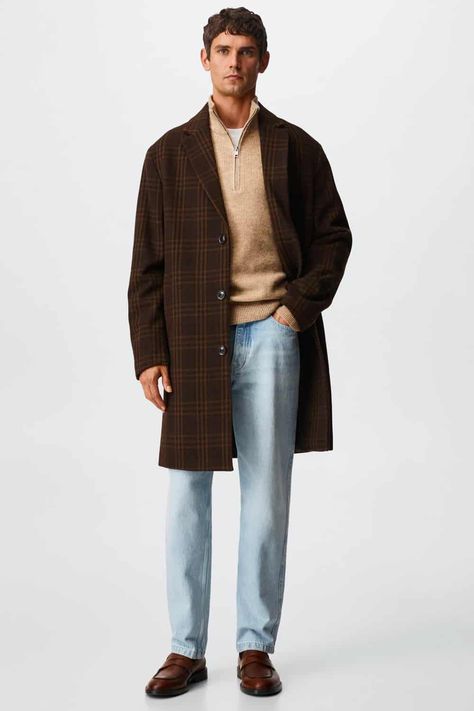 Brown Coat Outfit Men, Stylish Winter Outfits Men, Loafer Outfit Men, Men Loafers Outfit, Penny Loafers Men Outfit, Jeans And Loafers Outfit, Brown Loafers Men, Mens Light Wash Jeans, Brown Coat Outfit