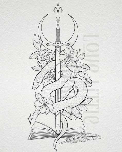 Serpent And The Wings Of Night Tattoo, From Blood And Ash Tattoo Ideas, Bookish Drawings, Ibis Paint Sketch, Booktok Tattoos, Tattoos For Readers, Concept Art Tattoo, Dagger Tattoo Design, Harry Tattoos