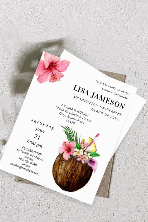 Celebrate your graduation party in style with your Tropical Coconut Graduation V2 Graduation Party Invitations. If you're having a pool party, beach or tropical graduation party theme, this invitation is for you. Features a Hawaiian themed coconut drink with flowers. Fill out your info with easy to use templates. This budget graduation invitation also gives you the option to save more money for your party! Hawaii Party Invitation, Hawaiian Theme Graduation Party, Hawaiian Party Invitations, Hawaiian Graduation Party, Beach Graduation Party, Tropical Graduation Party, Hawaiian Invitations, Coconut Drink, Graduation Party Themes