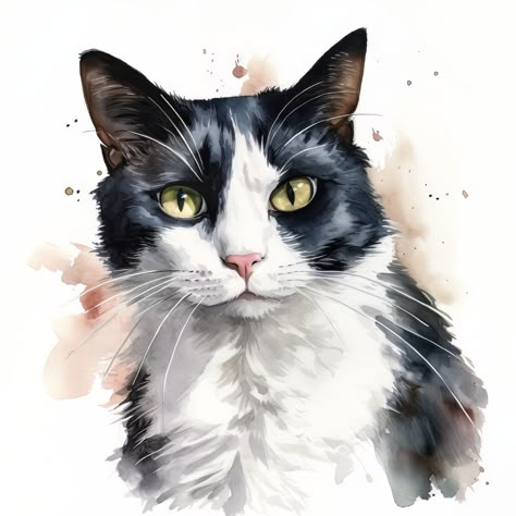 Watercolor Tuxedo Cat, Tuxedo Cat Watercolor, Tuxedo Cat Art Illustration, Tuxedo Cat Painting, Tuxedo Cat Art, Cat Digital Art, Pet Portrait Paintings, Cat Portrait Painting, Cat Watercolor